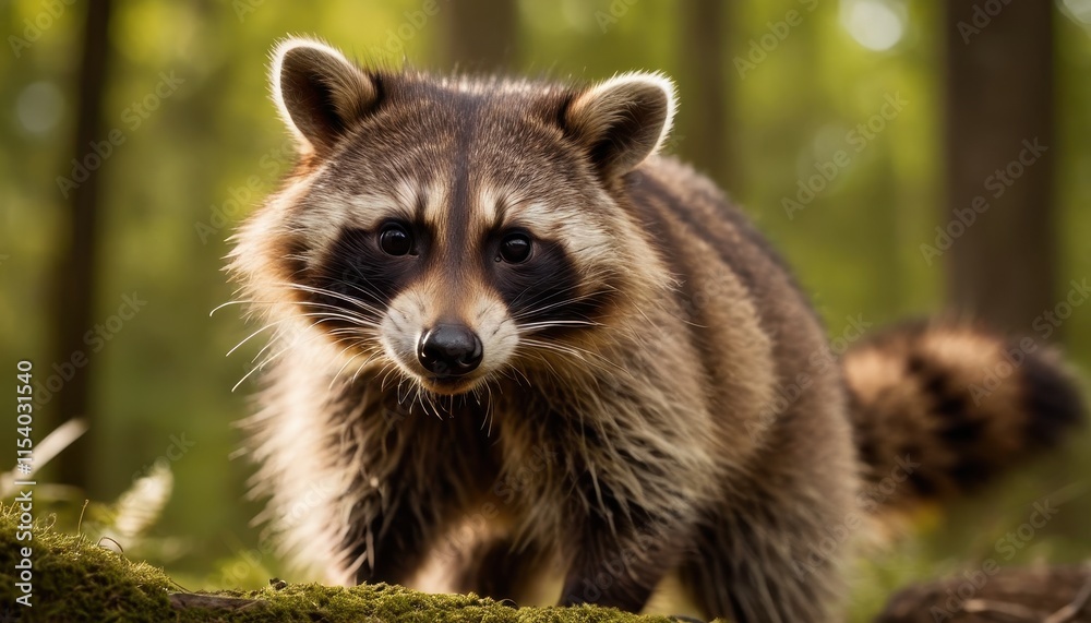 A curious raccoon strolling through a lush, moss-covered forest floor, its iconic mask and bushy fur creating a striking contrast against the vibrant greenery A curious raccoon strolling through a lush, moss-covered forest floor, its iconic mask and bushy fur creating a striking contrast against the vibrant greenery