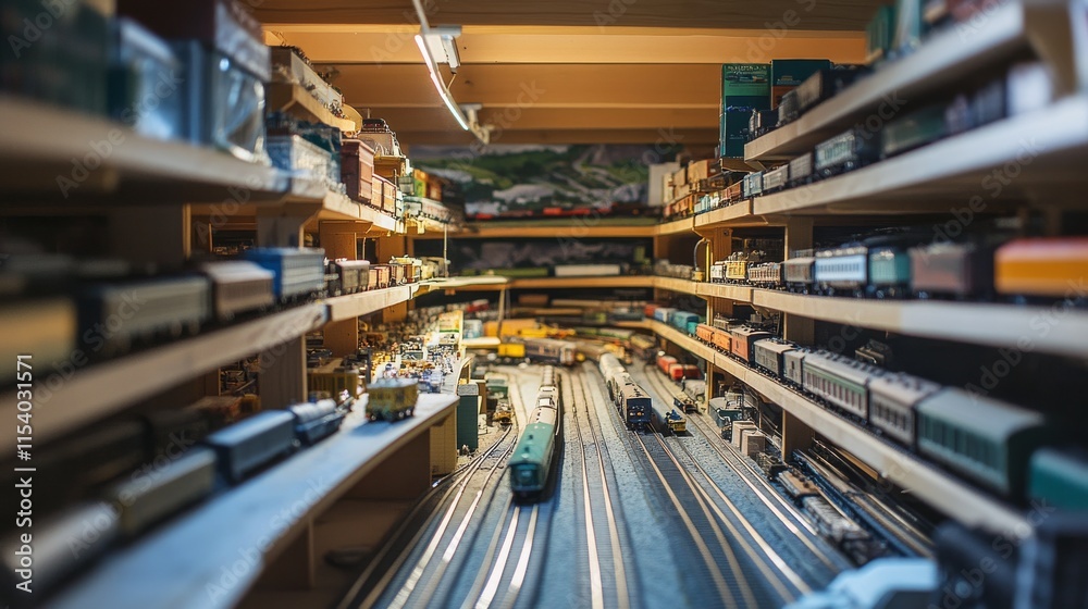 A well-organized model train display with tracks and trains meticulously arranged, A bright room with clean shelves and detailed landscapes, Minimalist hobby style A well-organized model train display with tracks and trains meticulously arranged, A bright room with clean shelves and detailed landscapes, Minimalist hobby style
