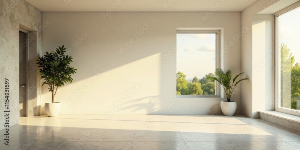 Sunlit Minimalist Interior Room Design with Greenery and Large Window Sunlit Minimalist Interior Room Design with Greenery and Large Window