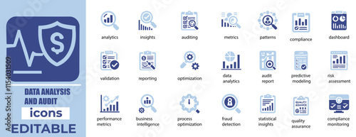 Data Analysis and Audit Icon Set  Editable vectors for analytics, auditing, insights, reports, and statistics

