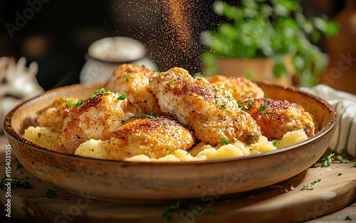 Delicious crispy chicken served on a bed of creamy mashed potatoes. photo