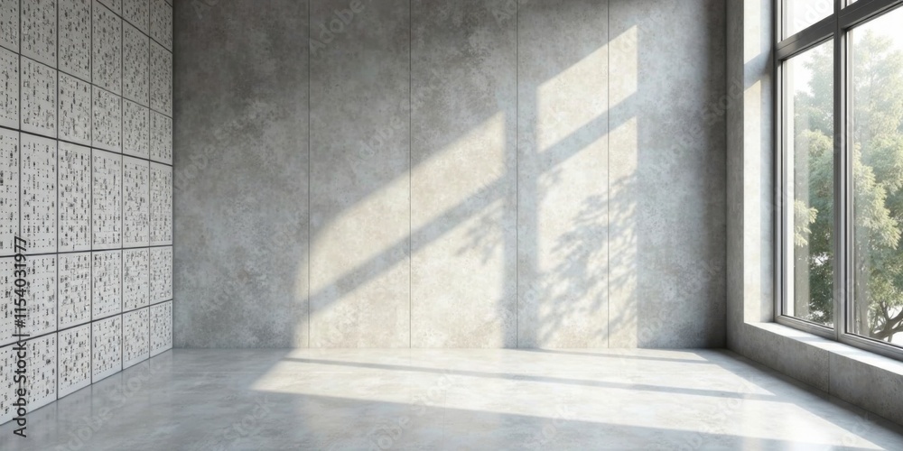 Fototapeta premium Sunlit Modern Room with Textured Wall Paneling and Expansive Window
