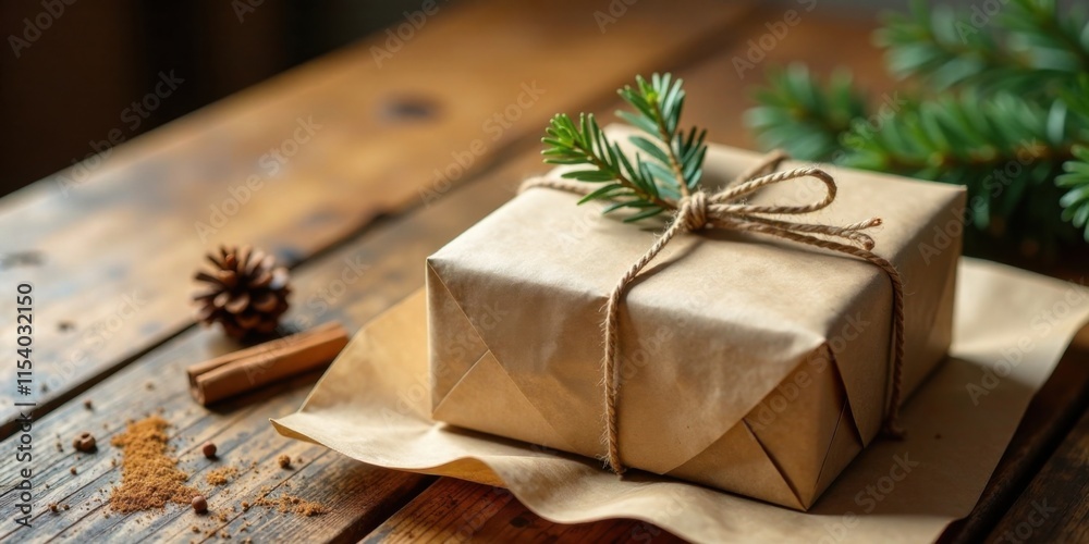 A rustic, handcrafted gift wrapped in eco-friendly brown paper, tied with twine, and adorned with a sprig of evergreen, rests on a weathered wooden surface, surrounded by cinnamon sticks and spice A rustic, handcrafted gift wrapped in eco-friendly brown paper, tied with twine, and adorned with a sprig of evergreen, rests on a weathered wooden surface, surrounded by cinnamon sticks and spice