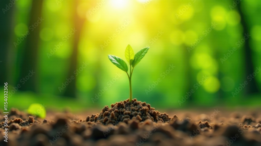 A Tiny Sprout Emerging in a Sunlit Forest, Symbolizing New Growth and Environmental Conservation A Tiny Sprout Emerging in a Sunlit Forest, Symbolizing New Growth and Environmental Conservation