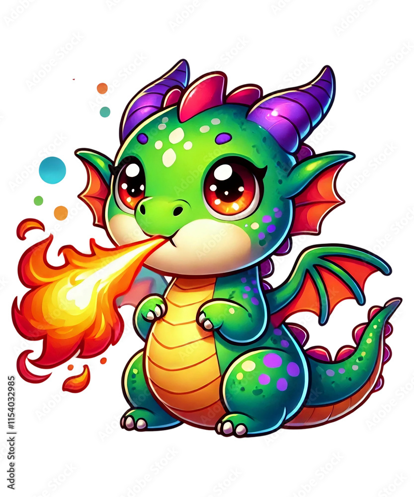Fototapeta premium Cute Dragon Breathing Fire png Clipart.