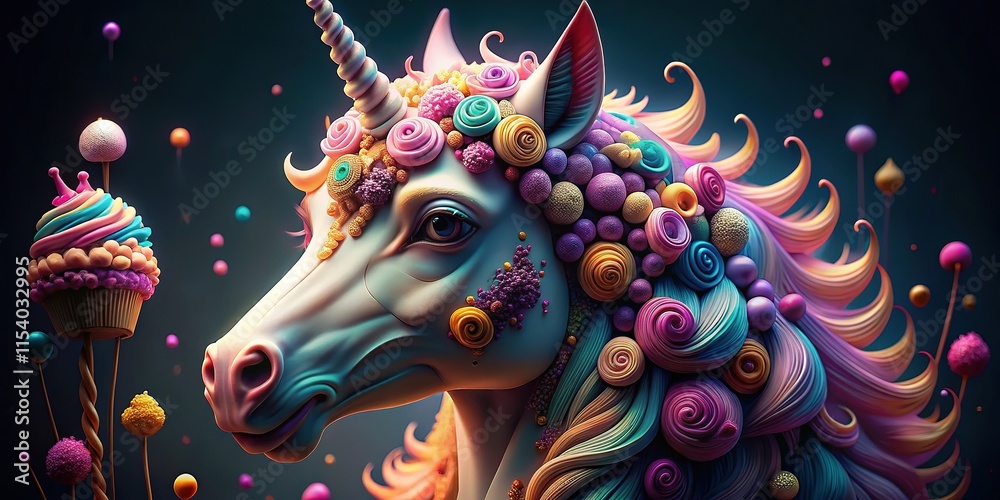 Fototapeta premium Ethereal unicorn head, sculpted from sweet treats. Enchanted food photography.
