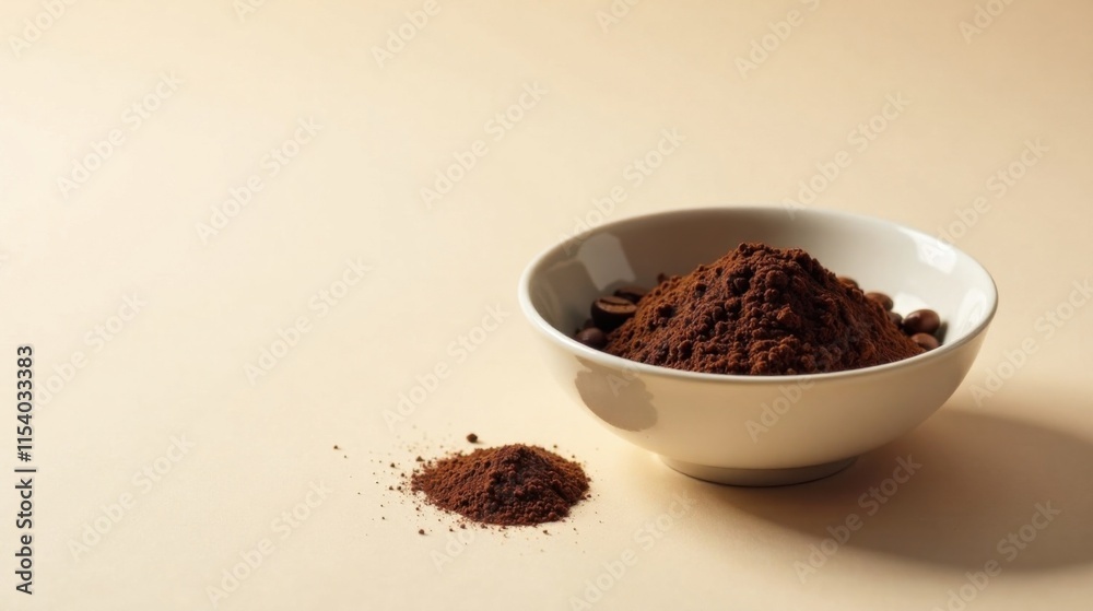 Aromatic Ground Coffee Beans and Powder in a Simple White Bowl on a Light Beige Background Aromatic Ground Coffee Beans and Powder in a Simple White Bowl on a Light Beige Background