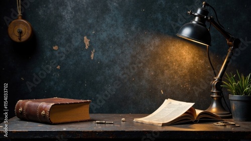 A dimly lit study featuring antique books, a vintage desk lamp, and small metallic objects rests on a rustic wooden surface.