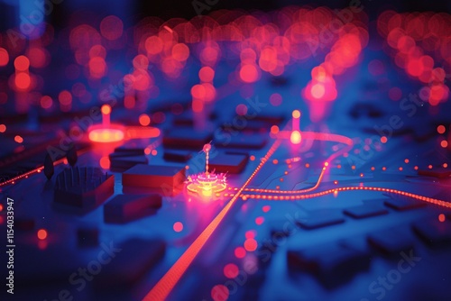 A futuristic city layout featuring intricate pathways and structures illuminated by enticing blue and red lights. The design highlights connectivity and modernity in a vibrant urban environment