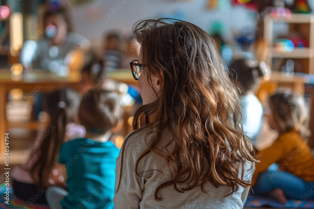 Fototapeta premium Generative AI Teacher Smiling in Kindergarten Classroom with Children