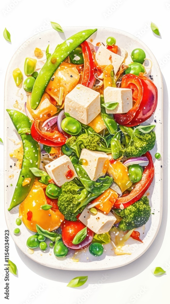 Colorful vegetable stir-fry with tofu on a white plate. Colorful vegetable stir-fry with tofu on a white plate.