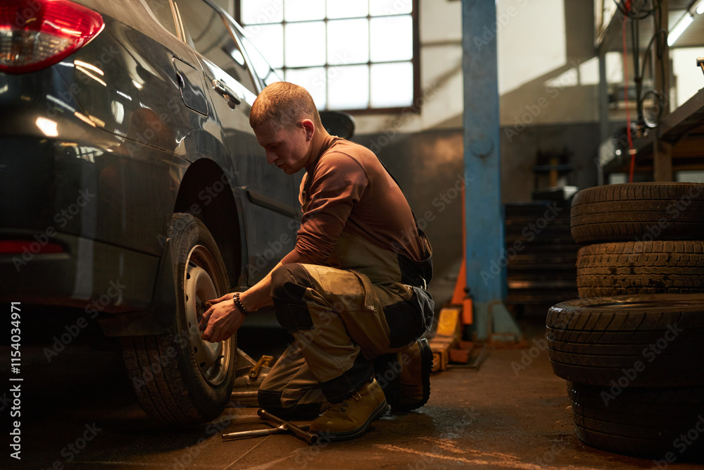 Fototapeta premium Mechanic examining the wheels of car in service