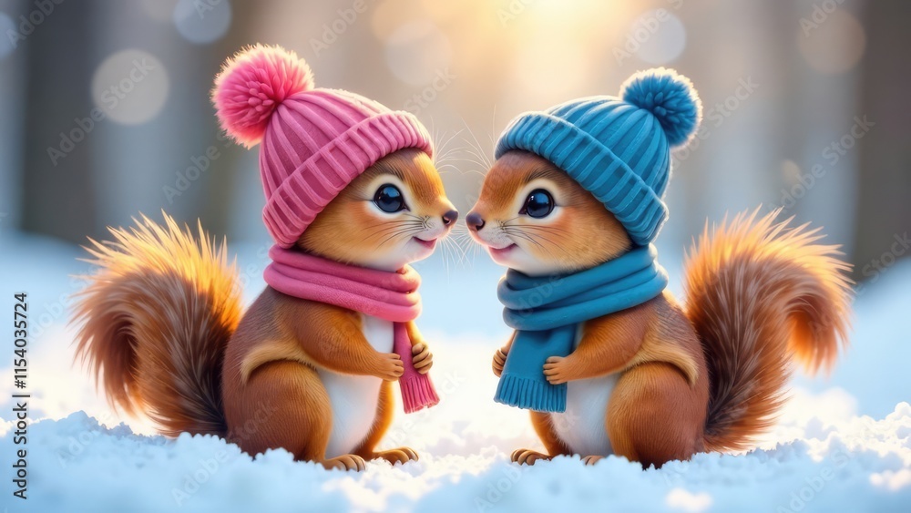 Fototapeta premium Two squirrels face each other in the snow wearing matching hats and scarves, conveying a Valentine's Day theme. Concept of Squirrels in love.