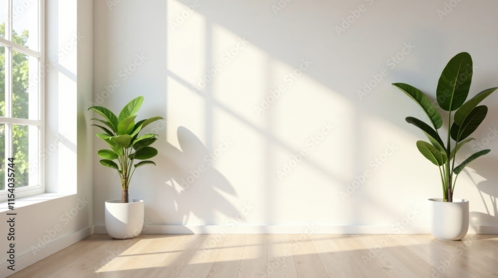 Sunlight Illuminates a Minimalist Interior Featuring Two Lush Potted Plants on a Light Wooden Floor Against a Pristine White Wall Sunlight Illuminates a Minimalist Interior Featuring Two Lush Potted Plants on a Light Wooden Floor Against a Pristine White Wall