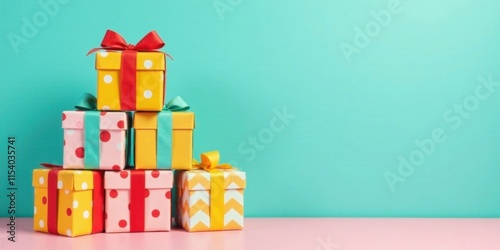 A Colorful Stack of Wrapped Presents on a Pink Surface Against a Teal Background