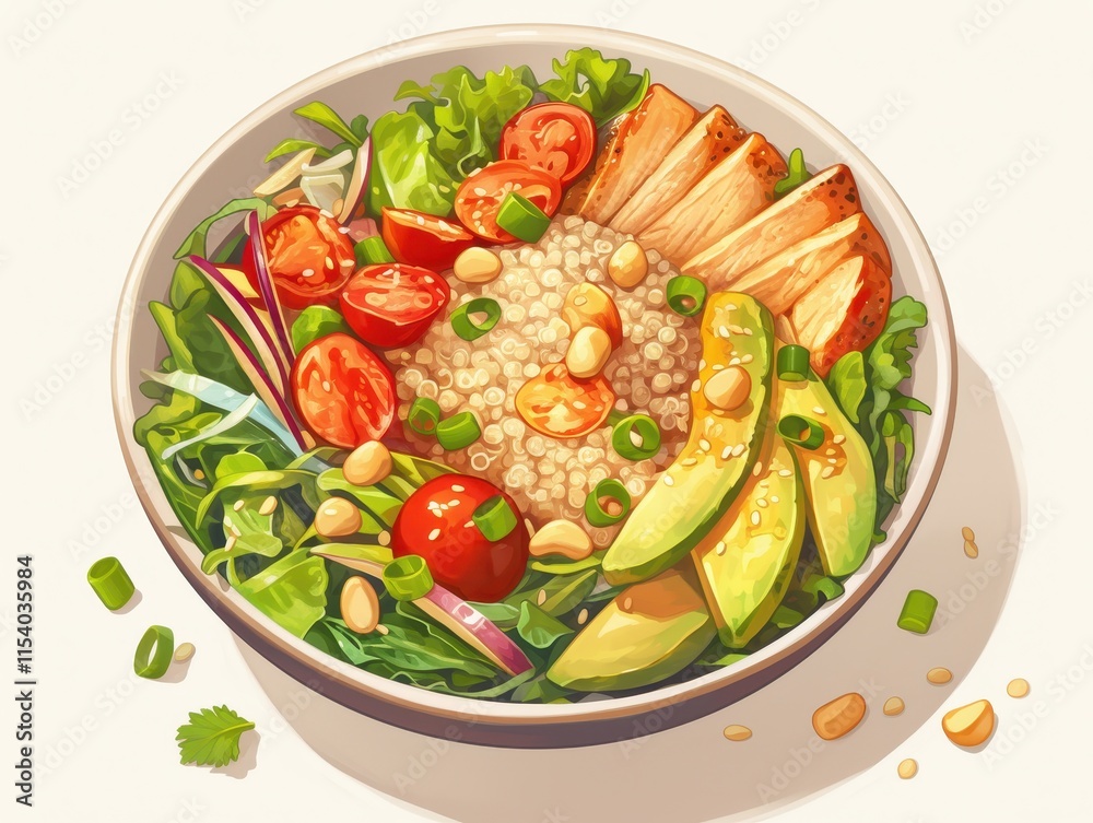 A colorful salad bowl featuring quinoa, vegetables, and grilled chicken. A colorful salad bowl featuring quinoa, vegetables, and grilled chicken.