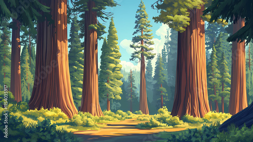 Tall forest of giant sequoias in national park - a majestic redwood landscape. Sequoia. Illustration photo