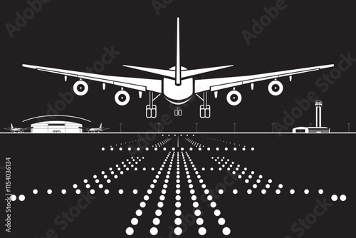 Passenger plane landing on runway by night – vector illustration