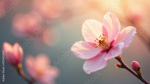 A Delicate Pink Blossom Bathed in the Warm Glow of Sunset, a Symbol of Renewal and Spring's Gentle Arrival