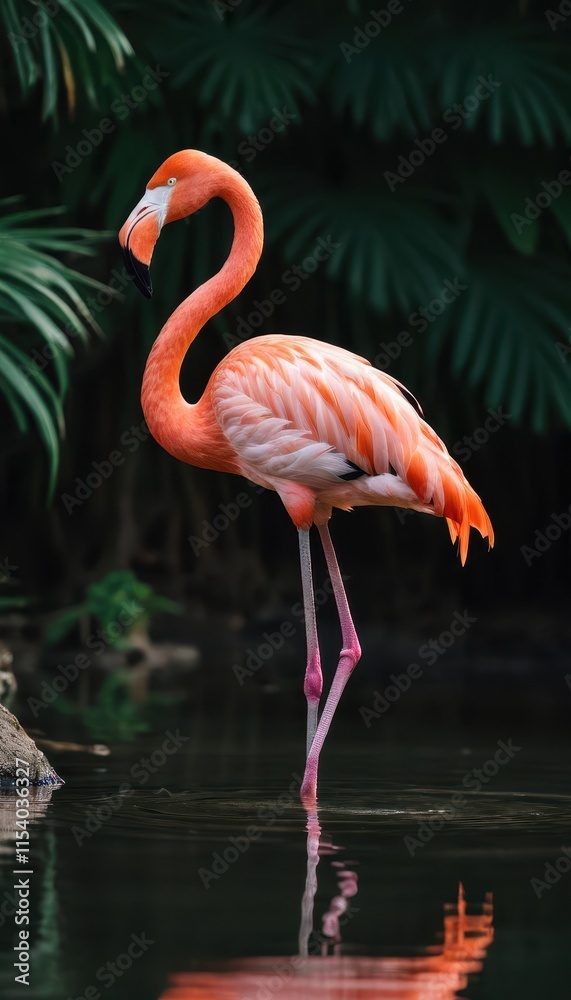 Elegant flamingo wading in calm waters, surrounded by vibrant jungle greenery, showcasing the beauty of exotic wildlife in its natural habitat Elegant flamingo wading in calm waters, surrounded by vibrant jungle greenery, showcasing the beauty of exotic wildlife in its natural habitat