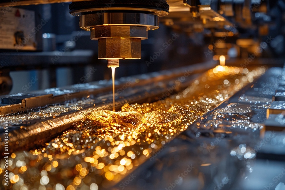 A CNC machine operates in a factory, precision cutting metal as molten material flows, creating intricate designs and shapes. Bright sparks illuminate the workspace, showcasing advanced technology A CNC machine operates in a factory, precision cutting metal as molten material flows, creating intricate designs and shapes. Bright sparks illuminate the workspace, showcasing advanced technology