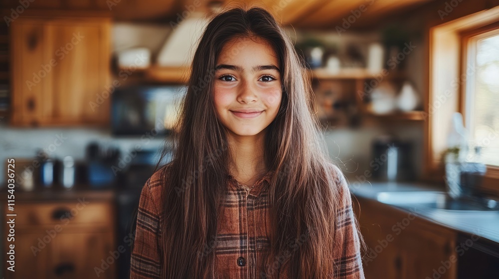 Young girl with long hair smiles warmly, surrounded by a rustic kitchen interior filled with wood elements Young girl with long hair smiles warmly, surrounded by a rustic kitchen interior filled with wood elements
