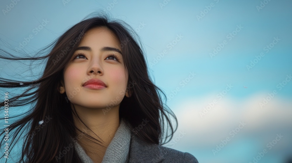 Young woman gazes upwards, wind tousles her hair, reflecting a moment of calmness and joy outdoors Young woman gazes upwards, wind tousles her hair, reflecting a moment of calmness and joy outdoors