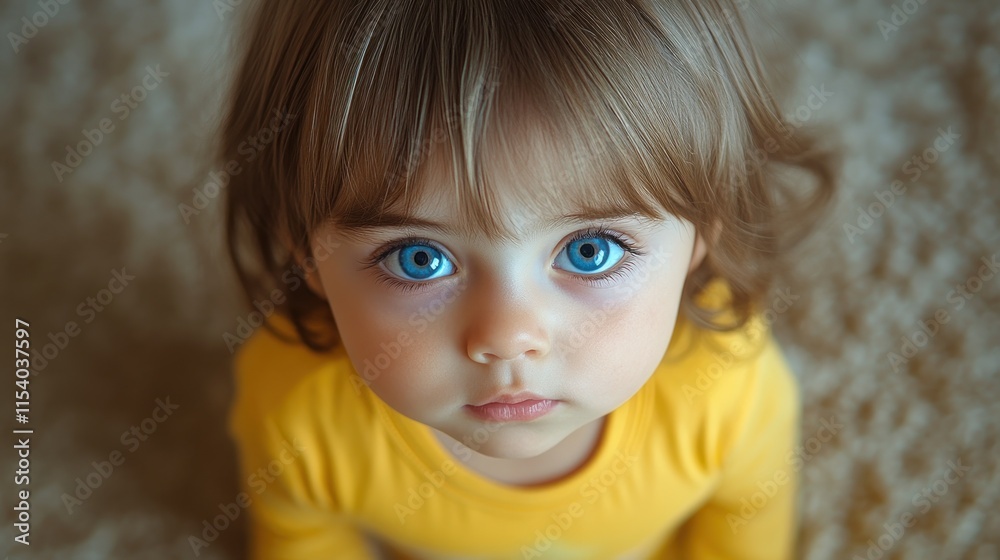 Young child with striking blue eyes gazes up while sitting on a fluffy rug indoors Young child with striking blue eyes gazes up while sitting on a fluffy rug indoors