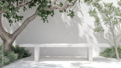 A minimalist white bench rests under lush trees, creating a tranquil atmosphere in the garden setting photo