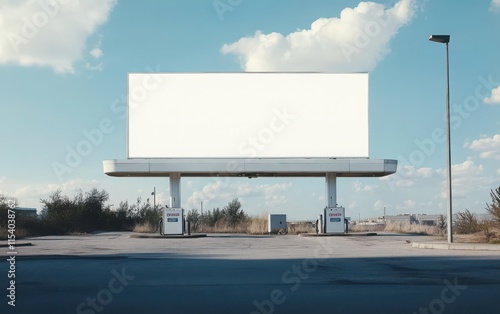 A clear, high-resolution photo of a blank billboard at the entrance to an oil station, featuring a white background, ideal for advertising and design mockup use  photo