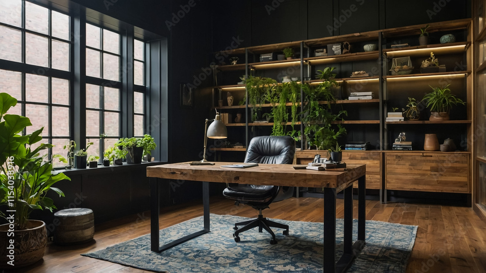 Modern in hipster style office interior with computers, chairs and shelves with folders. Workplace and company concept. 3D Rendering Modern in hipster style office interior with computers, chairs and shelves with folders. Workplace and company concept. 3D Rendering