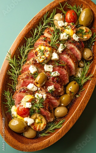 Deliciously plated gourmet meat dish with olives and herbs on a wooden platter. photo