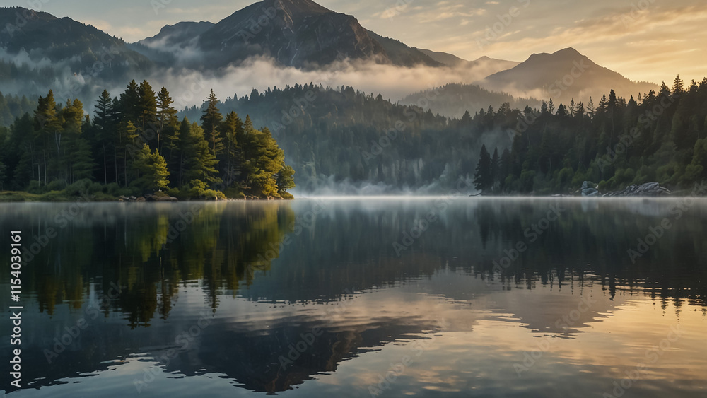 Serene nature landscape of a misty lake reflecting towering mountains at dawn. Perfect nature background highlighting tranquility and pristine Serene nature landscape of a misty lake reflecting towering mountains at dawn. Perfect nature background highlighting tranquility and pristine