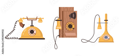 Rotary dial phones with rotating disk for number input. Vector flat cartoon style, isolated old devices for communication and talk. Wired gadgets of different generations vintage candlestick telephone