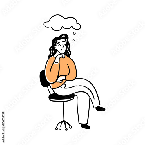 Manager or worker sitting on chair and thinking on problem solution. Vector flat cartoon character brainstorming, isolated female personage with thought bubble doodle, pensive young girl