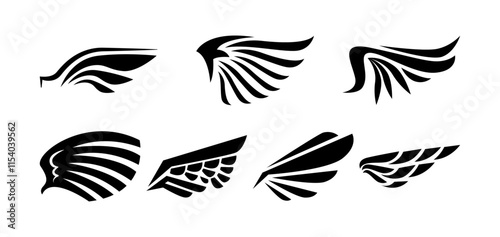 Stretching wings of animal, crow bird or fantasy creature. Vector isolated collection badges or logos costume element or game character asset. Feathered part for uniform or clothes of personage