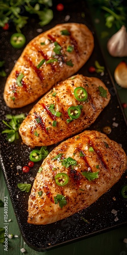Grilled chicken breasts garnished with fresh herbs and spices on a dark background.