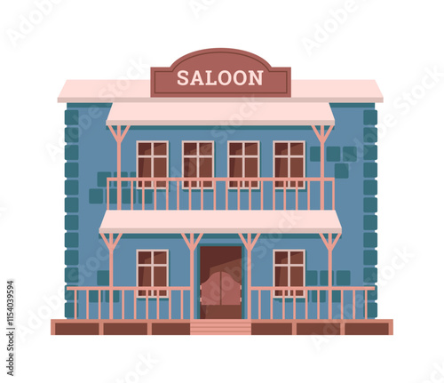 Saloon pub or tavern for city visitors and dwellers. Vector flat cartoon, isolated wooden building exterior, wild west construction facade. Front view with windows and entrance, sign on roof