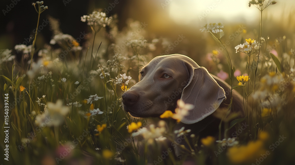 Weimaraner dog in a field with wild flowers during springtime.