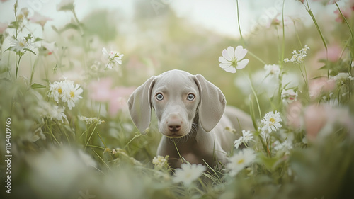Weimaraner puppy dog in a field with wild flowers during springtime.