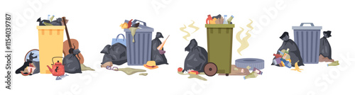 Discarded matters or rotting wastes. Vector isolated plastic garbage containers with unsorted trash. Rubbish bag that smells ugly and started to decompose. Ecology and environment concept