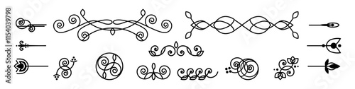 Vintage or retro ornaments for frames and borders. Vector isolated set of dividers and embellishment for typography and graphics, flowers and leaves swirls, leafage and foliage with circles