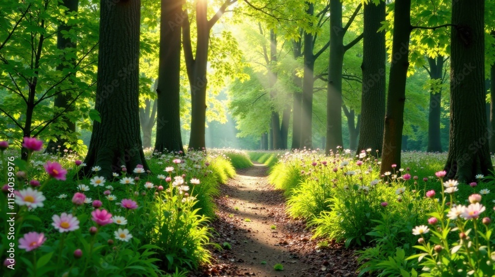 Serene Woodland Path Illuminated by Sunbeams, Flanked by Blooming Wildflowers and Towering Trees