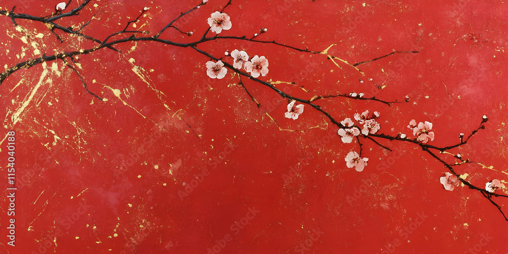Golden Plum Blossom Branch on Red Background: A delicate branch of plum blossoms with white petals and golden accents against a vibrant red background, evoking a sense of elegance and tranquility. Golden Plum Blossom Branch on Red Background: A delicate branch of plum blossoms with white petals and golden accents against a vibrant red background, evoking a sense of elegance and tranquility.