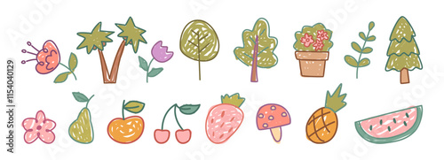 Childish painting or drawing of nature, trees and flowers. Vector isolated flowerets and forest giants, mushroom and watermelon, cherry and strawberry, apple and pear. Flora and blooming wildflowers
