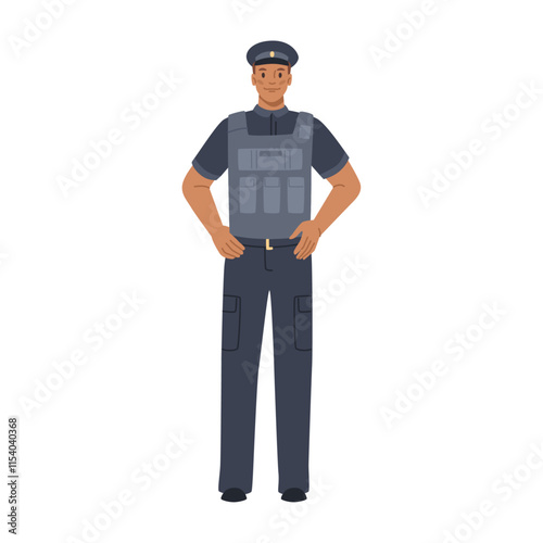 Bodyguard or policeman wearing protective bulletproof vest. Vector flat cartoon character, isolated man working in law enforcement. Officer man personage in uniform, guardian or special force