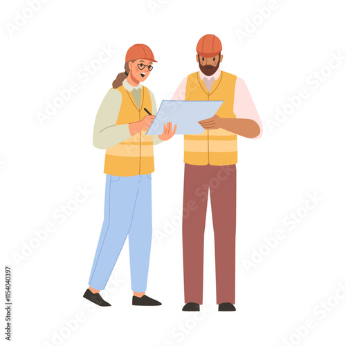 Engineers or geodetic surveyors, geodesists or construction workers in uniform looking at plan or scheme. Vector flat cartoon character with project results of description, planning activities