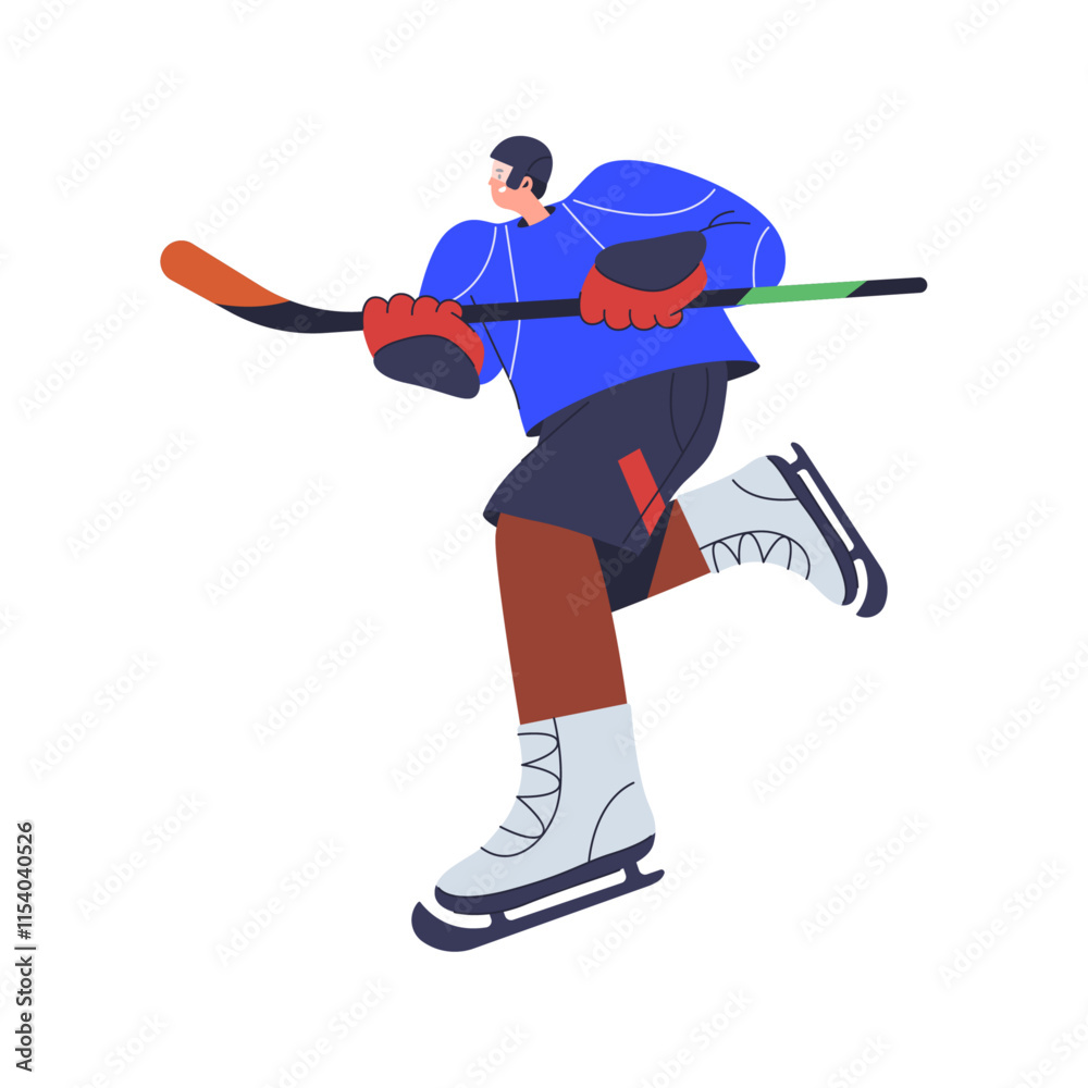 Fototapeta premium Hockey player skiing on rink with stick, flat cartoon vector illustration. Isolated sportsman with equipment wearing uniform for game. Recreation and professional sports practicing
