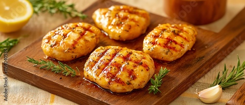 Grilled savory patties served on a wooden board with herbs and lemon. photo