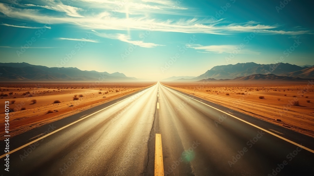 A long, straight highway cuts through a vast, sun-drenched desert landscape, flanked by majestic mountains under a bright, clear sky. A long, straight highway cuts through a vast, sun-drenched desert landscape, flanked by majestic mountains under a bright, clear sky.